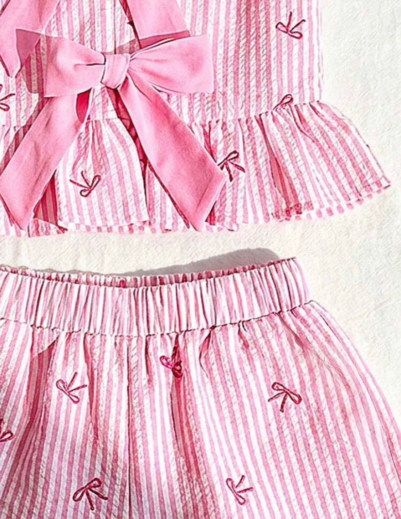 Conjunto 2 pcs blusa más short rosa, moños 🎀 3524