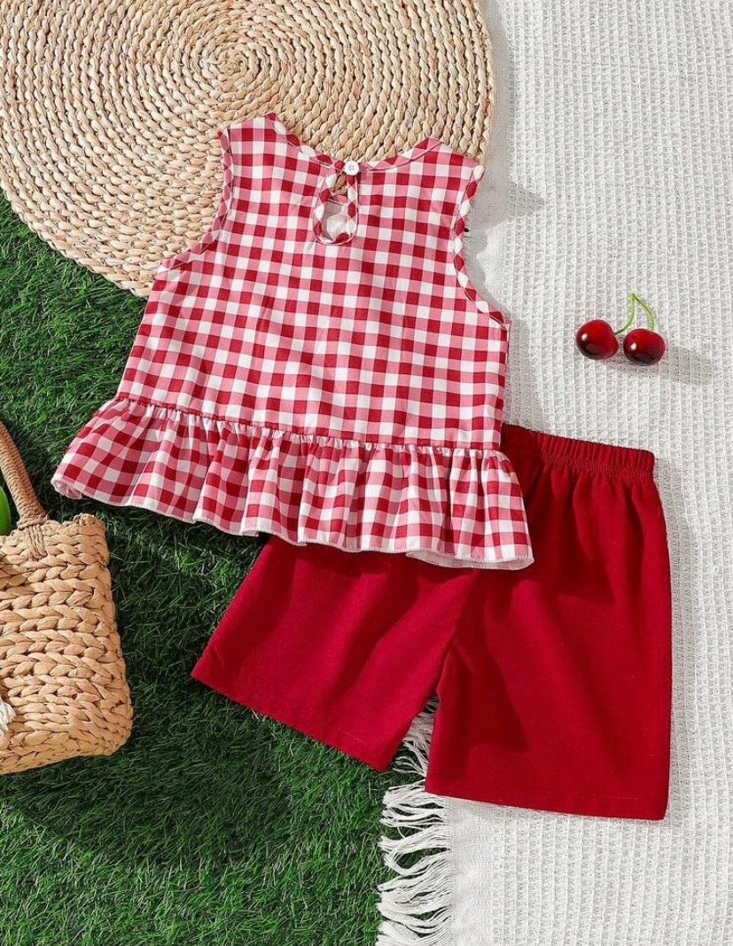 Conjunto short más blusa roja, cuadrille ❤️ 3575