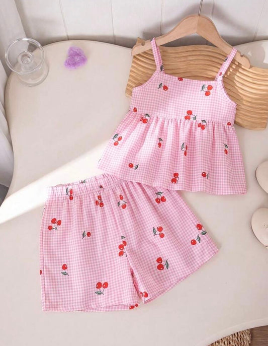 Conjunto blusita más short rosa a rayas con detalles de cerezas 🍒🩷 3579