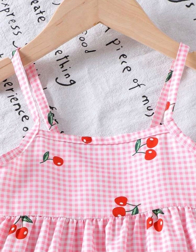Conjunto blusita más short rosa a rayas con detalles de cerezas 🍒🩷 3579