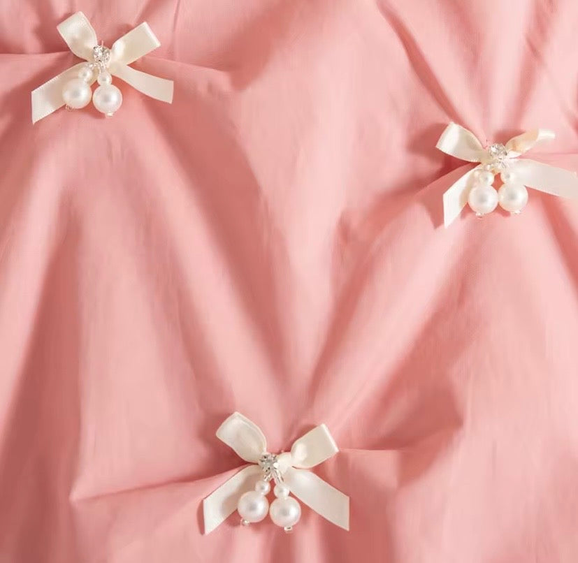 Vestido rosa con detalles de moño, moñito, perlas 🎀 3612