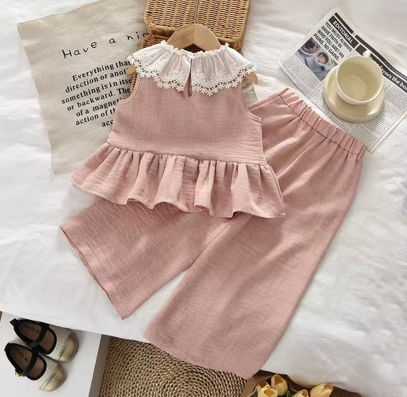 Conjunto blusa más pantalón de lino rosa, con detalles bordados 🩷 3635