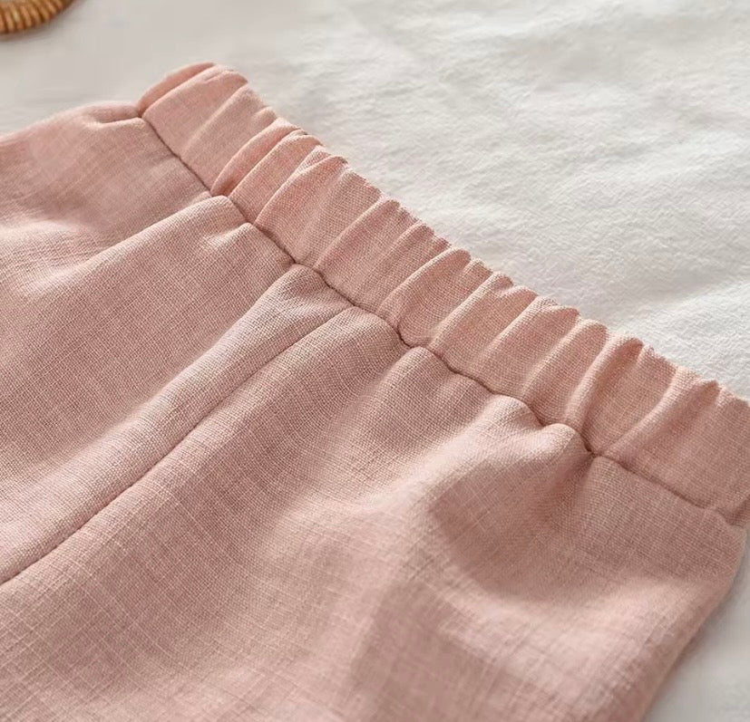 Conjunto blusa más pantalón de lino rosa, con detalles bordados 🩷 3635
