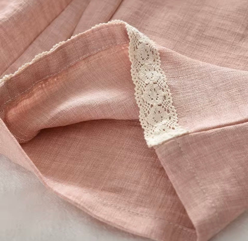 Conjunto blusa más pantalón de lino rosa, con detalles bordados 🩷 3635