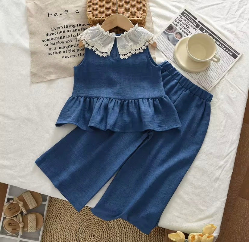 Conjunto blusa más pantalón de lino azul, con detalles bordados 💙 3637