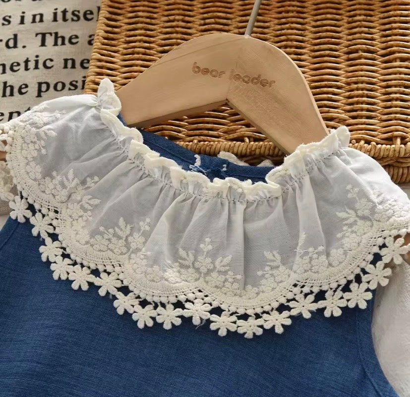 Conjunto blusa más pantalón de lino azul, con detalles bordados 💙 3637