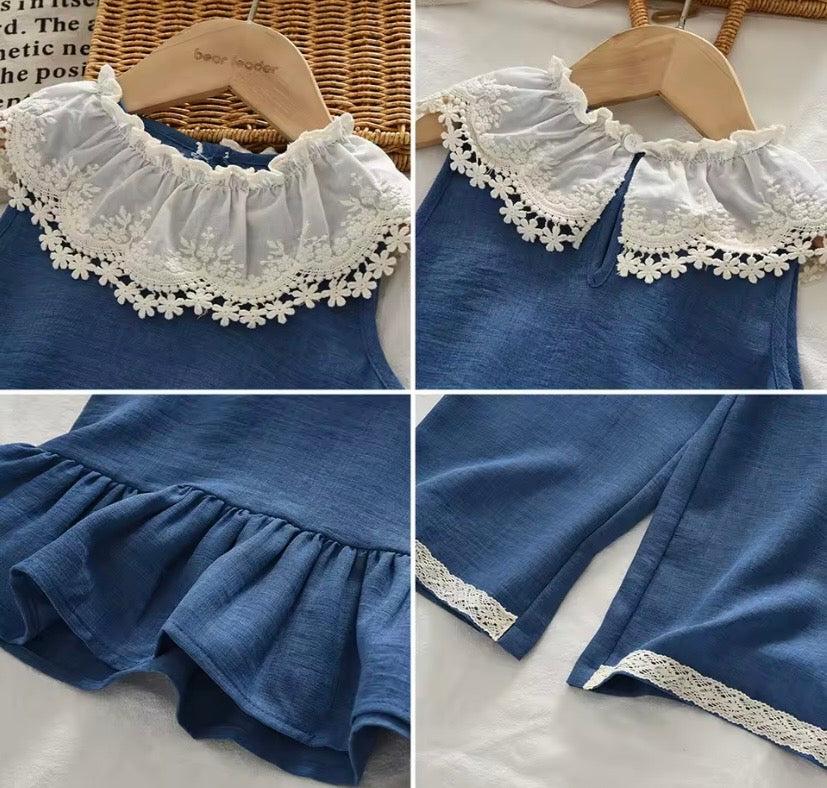 Conjunto blusa más pantalón de lino azul, con detalles bordados 💙 3637