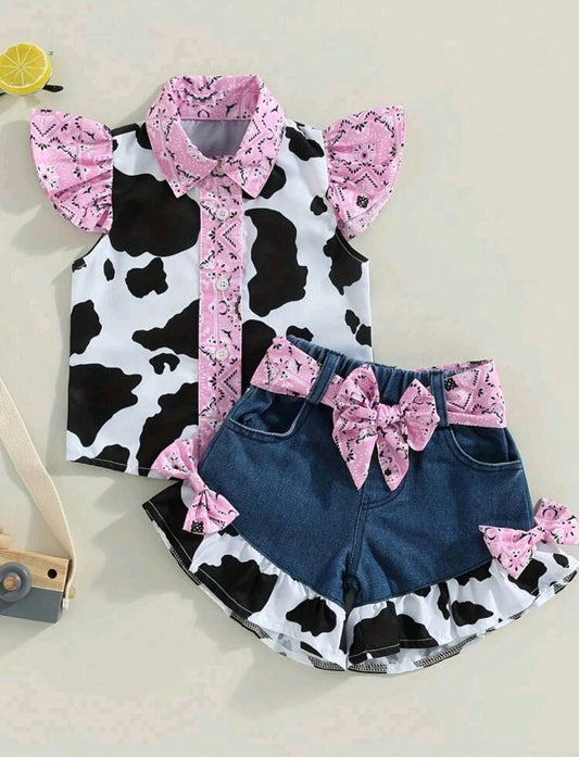 Conjunto granjera, jeans, camisa más short, vaca lola