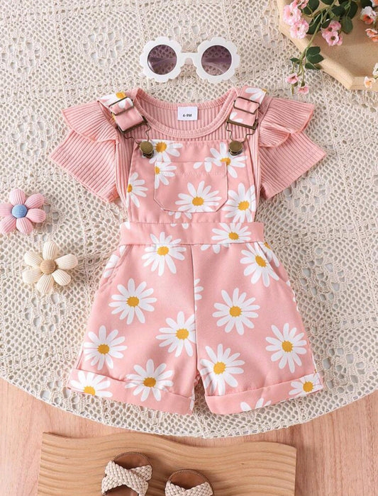 Conjunto rosa con margaritas🌸, jardinera más body, overol💗 1145