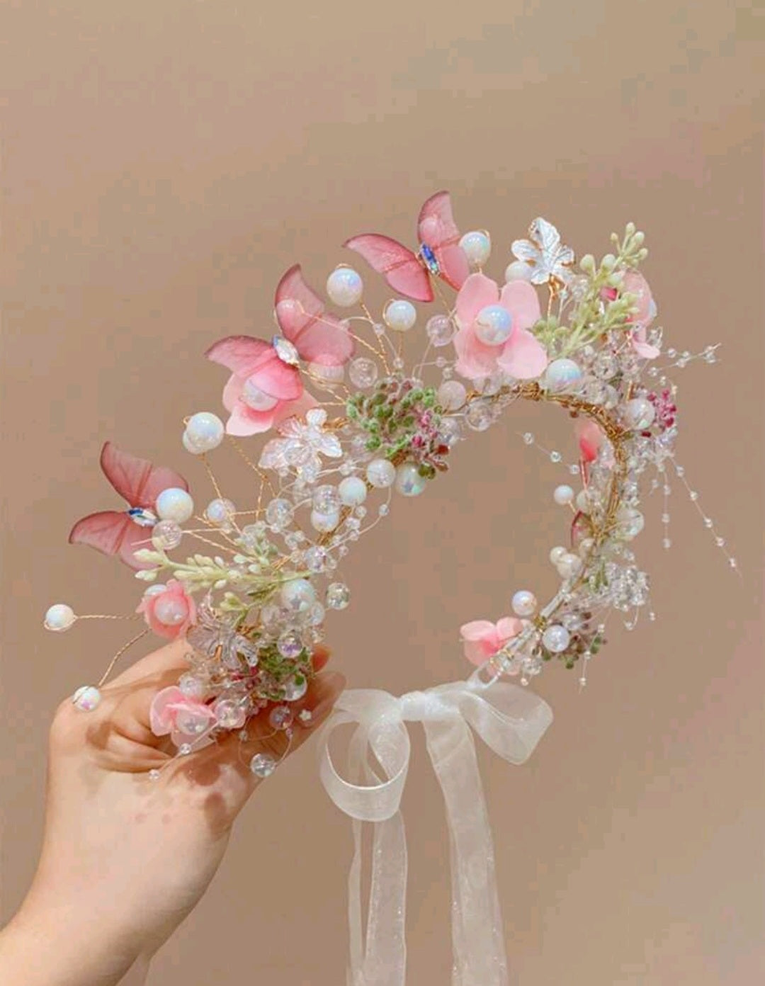 Tocado, mariposas, flores, rosa, perlitas