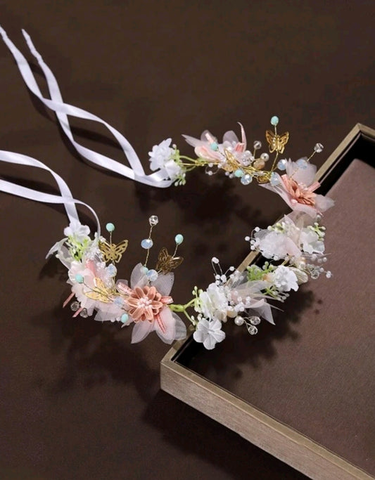 Tocado, mariposas, flores, perlitas