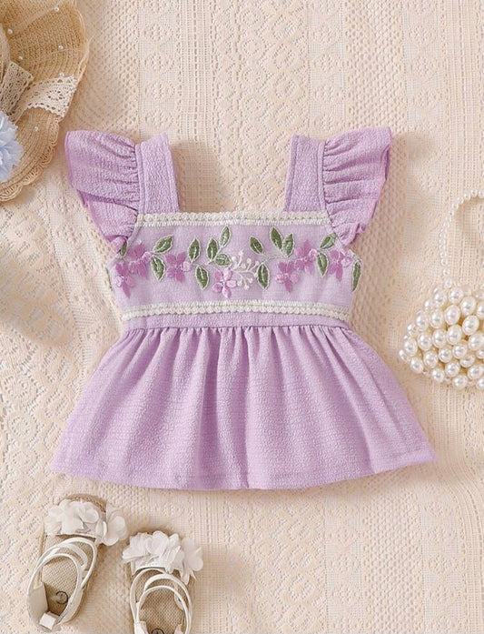Blusa Lila con detalles florales,cierre atrás, Cod 1002
