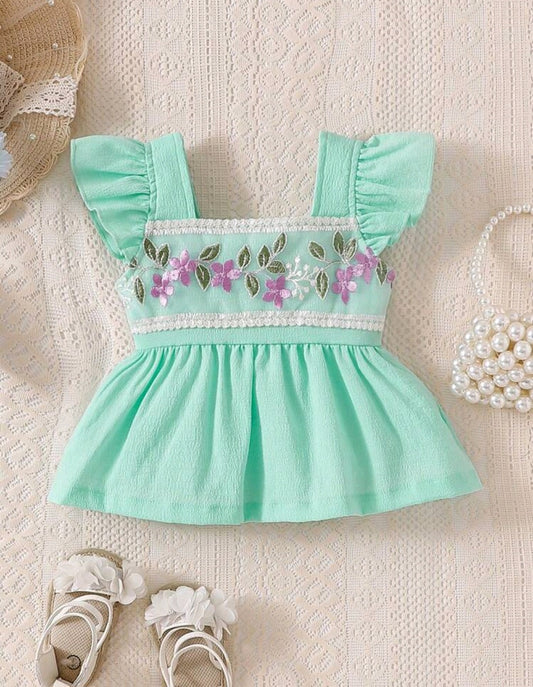 Blusa verde agua, con detalles florales, cierre atrás, Cod 1001