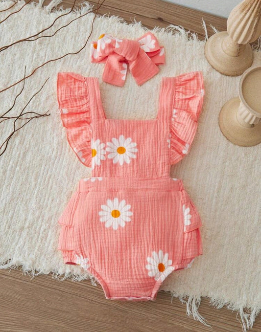 Conjunto Body más vincha, margaritas, rosa, 1026