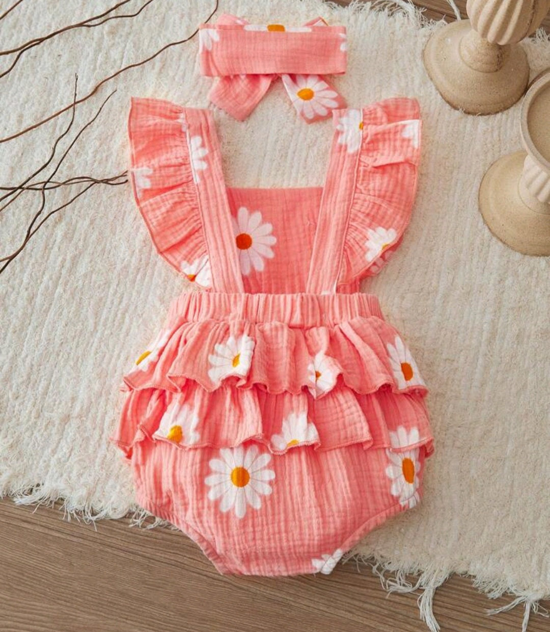 Conjunto Body más vincha, margaritas, rosa, 1026