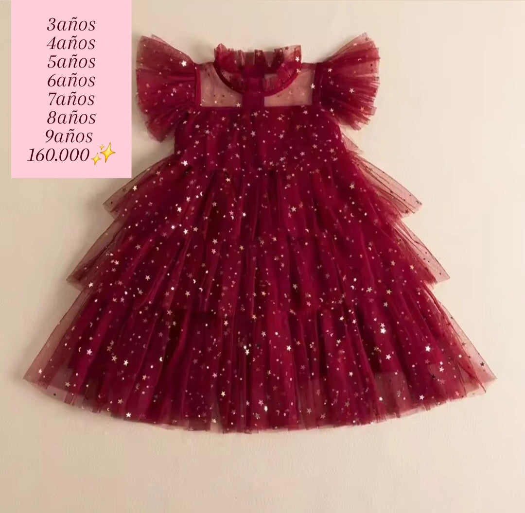 Vestido rojo oscuro con brillos y estrellitas✨❤️1475