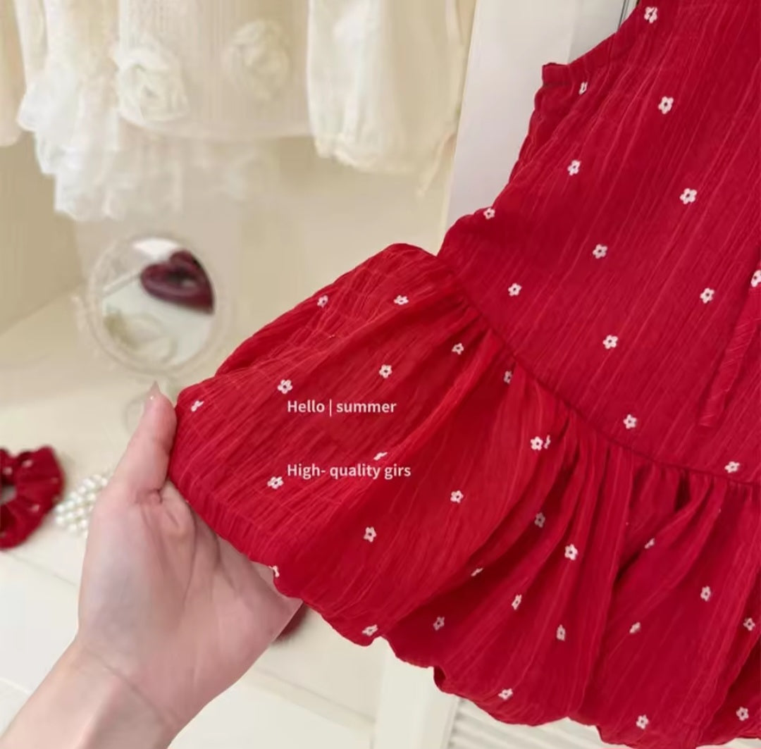 Vestido rojo oscuro más agogo, con diseño de flores❤️1503