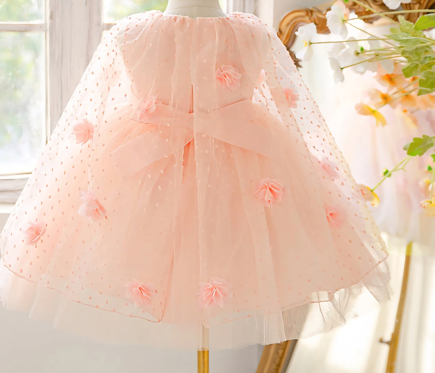 Vestido Rosa con detalle de capa y plumas👑2034