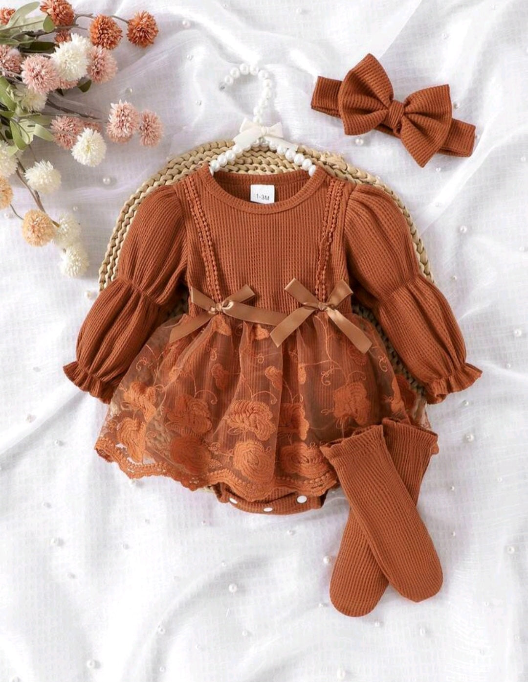 Conjunto 3pcs, vestibody, vincha, medias 0-🍁 marrón 2668