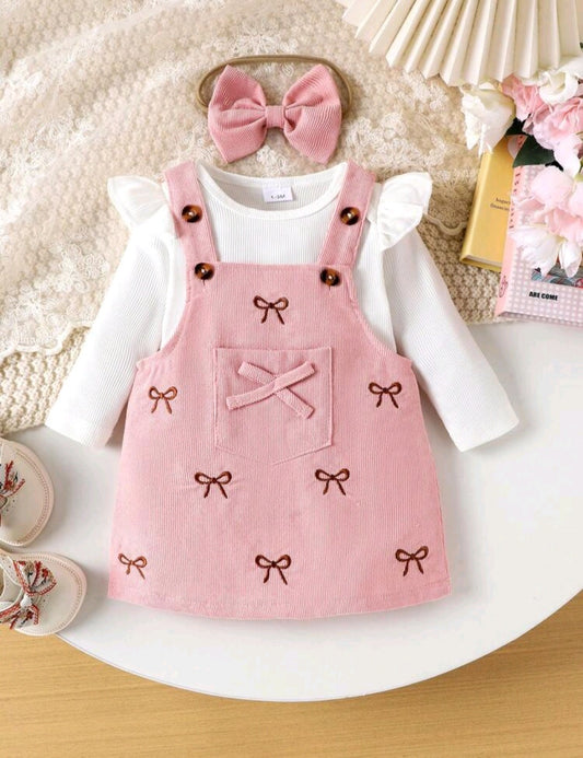 Conjunto 3pcs rosa, vinchita, Jardinera más body, moño, Moñitos, inv 3004