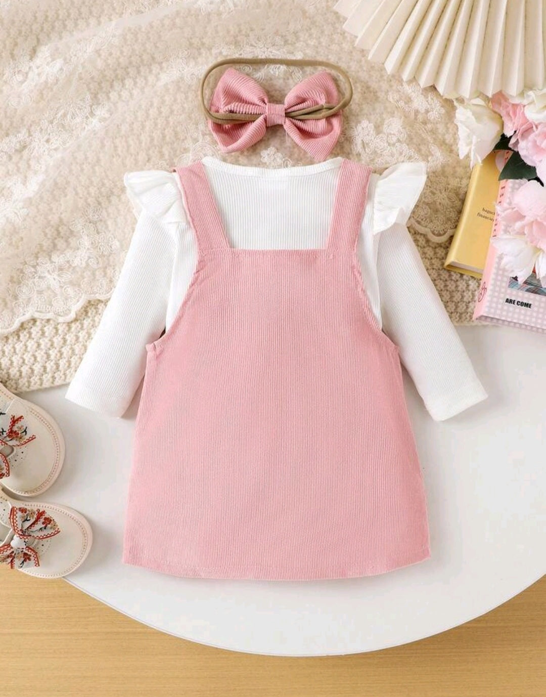 Conjunto 3pcs rosa, vinchita, Jardinera más body, moño, Moñitos, inv 3004