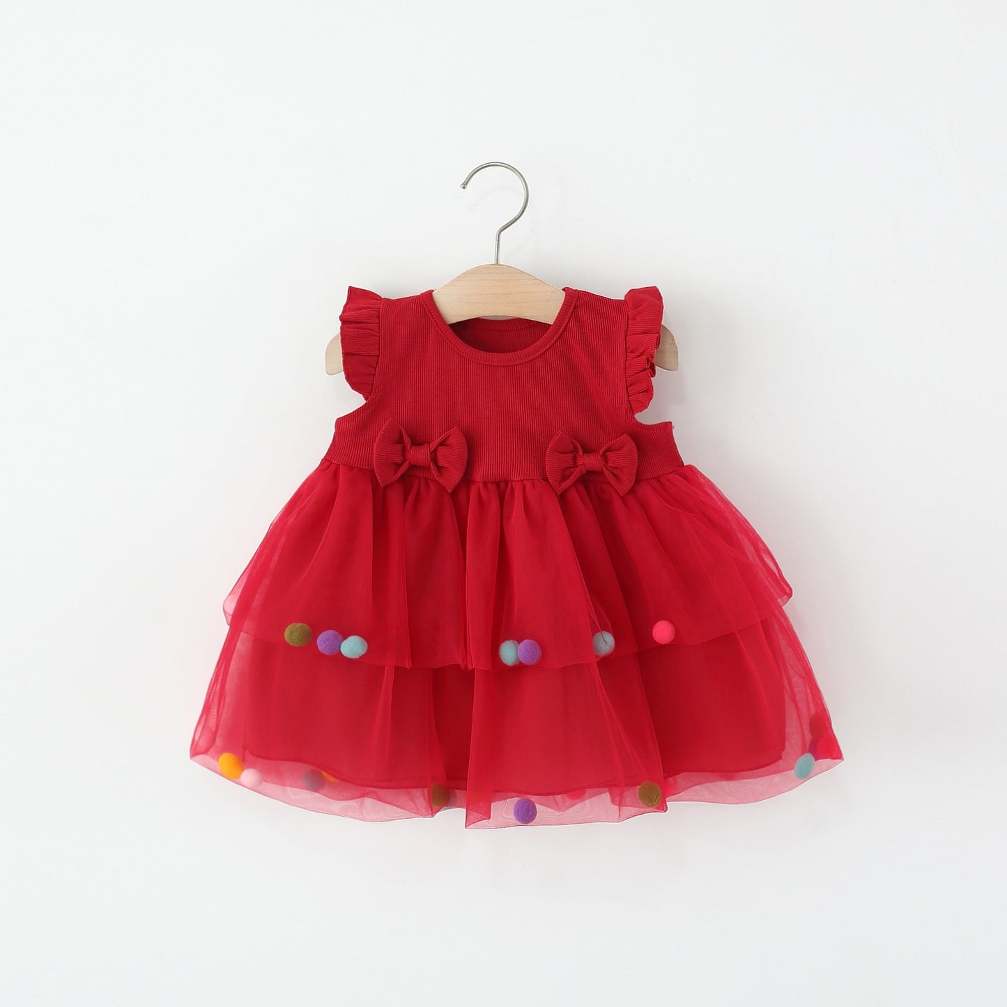 Vestido bordó,rojo, plim plim, pompones de colores 💛🩵❤️1132