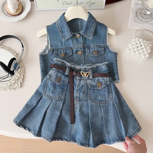 Conjunto de Jeans, chaleco mas pollerita🩵1122, no incluye cinto!