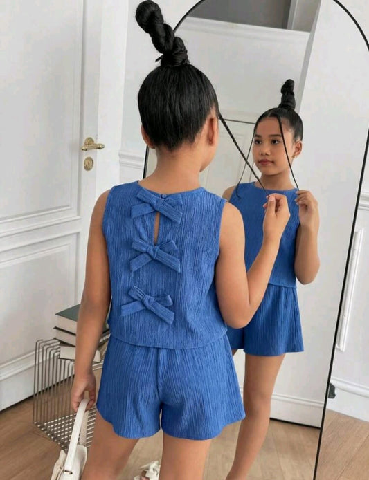 Conjunto blusa más short azul con moños, moñitos 🎀💙 3580