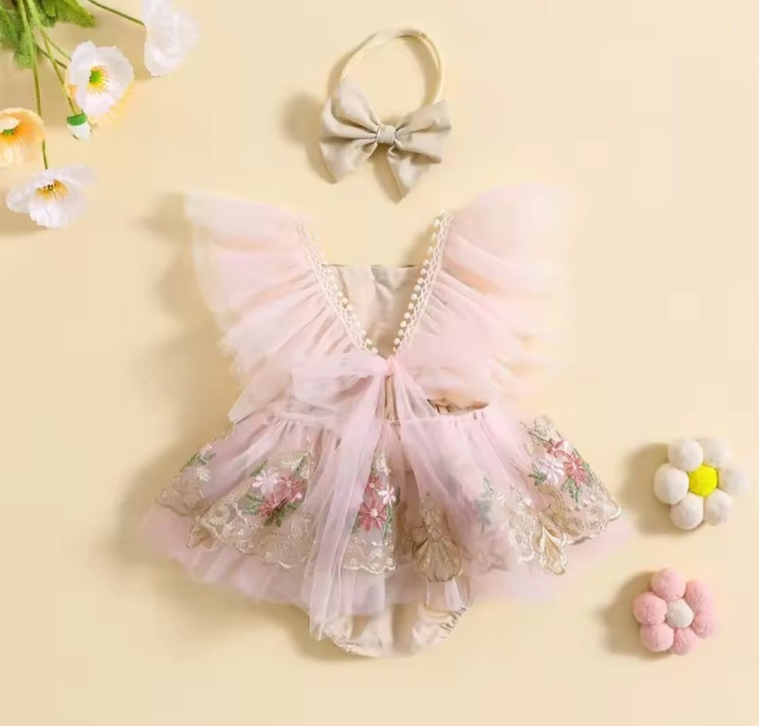 Vestibody, Rosa pastel, flores, detalles dorados💛🩷3377