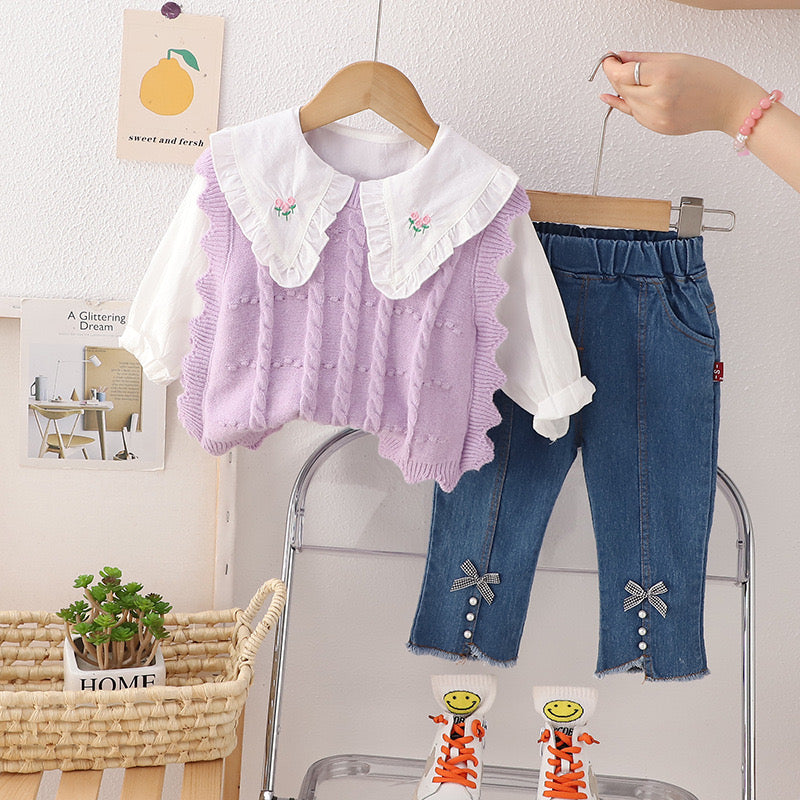 Conjunto 3 piezas, Chaleco, camisa y jeans💜✨2646