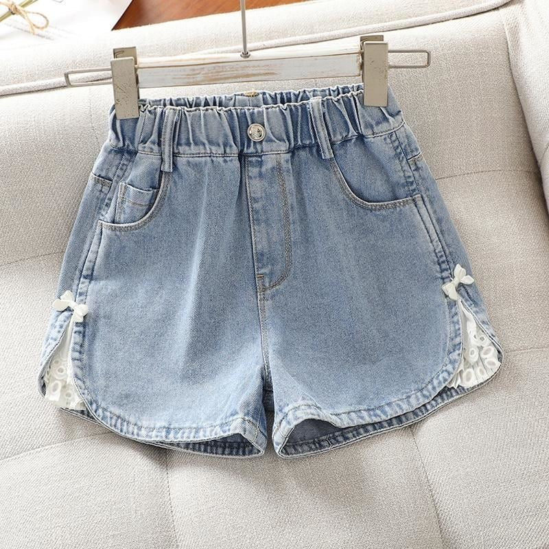 Short de jeans con detalles de encaje, moño, moñitos 🎀 3627