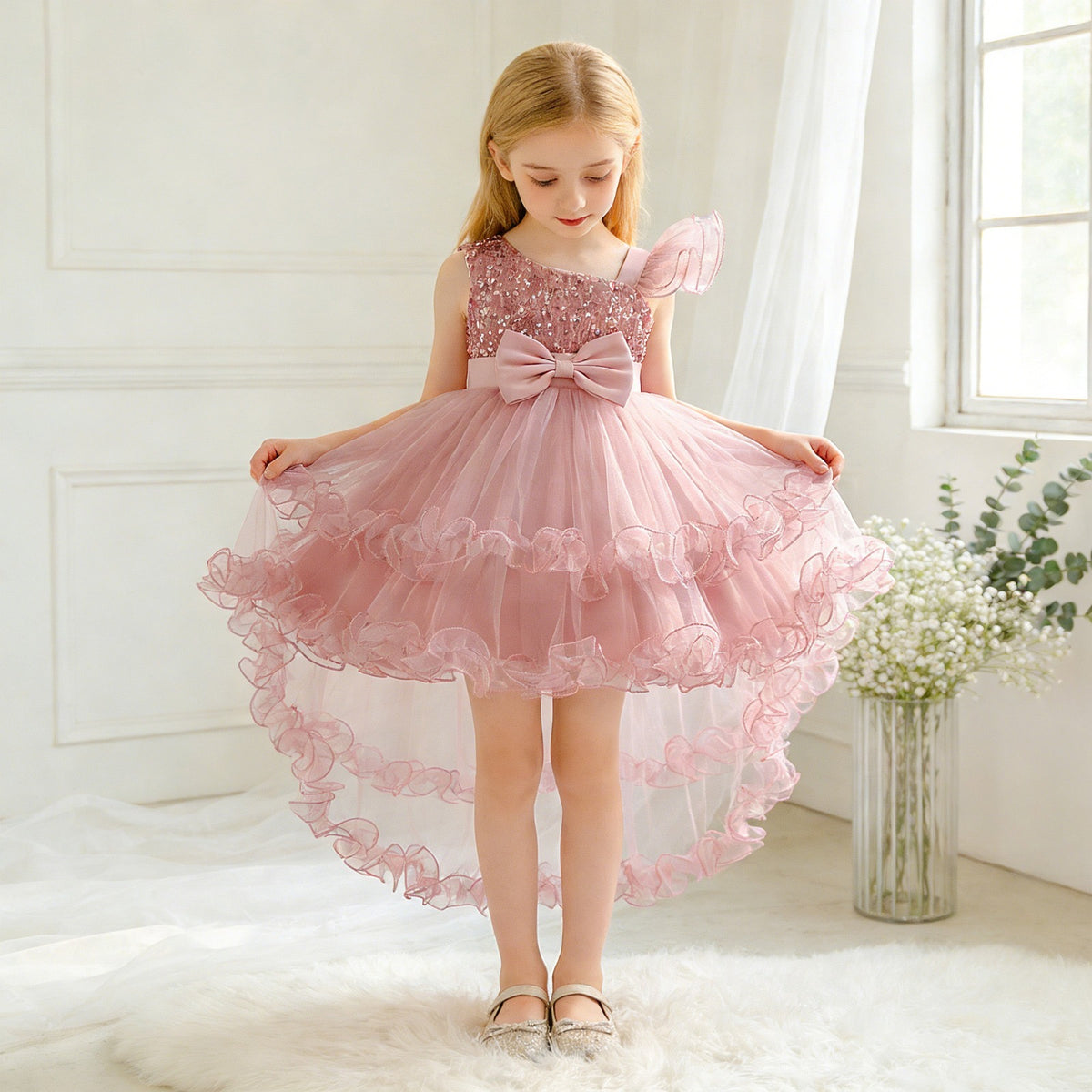 Vestido rosa vieja elegante con cola larga, brillos, moño 🎀🩷 3500