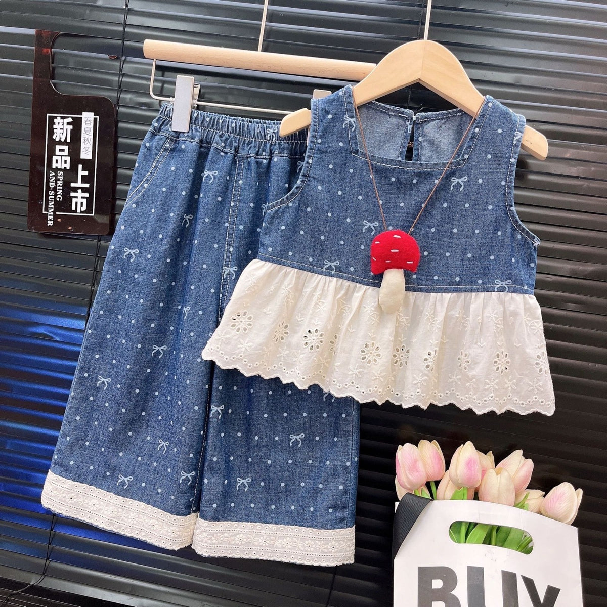 Conjunto blusa más pantalón de jeans, moñitos 🎀 3678